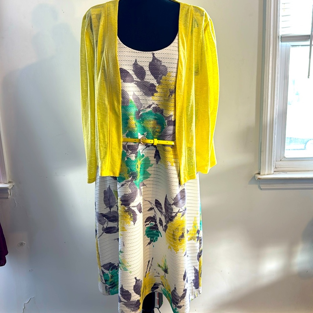 Pastel Flower Print Dress with Yellow Belt and Yellow Sweater.